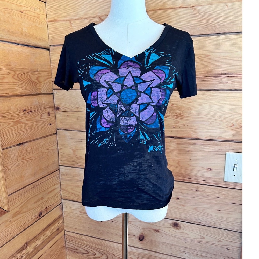 Vintage Burnout Graphic T-Shirt Women Small Black Mandala Stained Glass Baby Tee